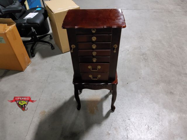Lot 7-132805 - 6-Drawer Jewelry cabinet with mirror lift top. Both Sides open. 16-1/2" X 11-3/8" X 39-5/8"H.