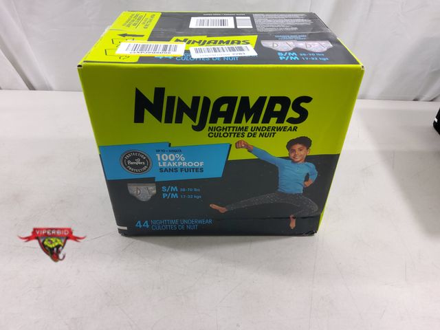 Lot 7-123349 - Box of 44 - Ninjamas nightime boy's disposable underwear. Size: S/M (38-70 lbs).