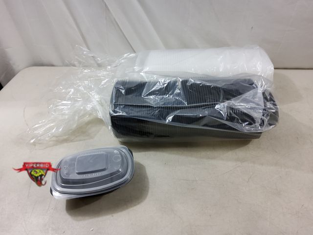 Lot 7-133007 - New! (75) WNA 16 oz.  black rectangle plastic bowls with lids. 5" X 7". #HFP5716BL