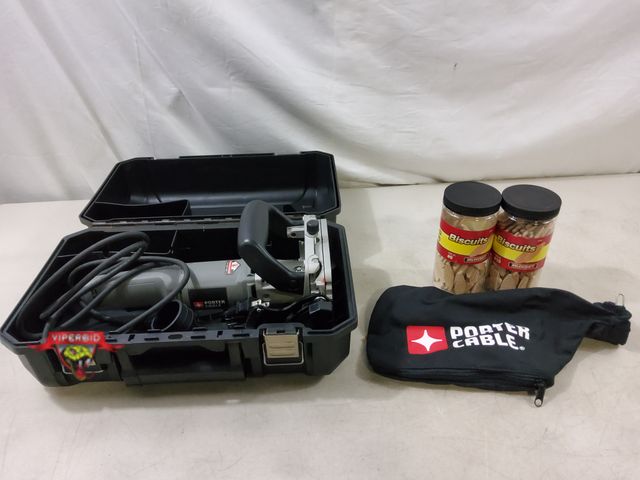 Lot 7-130028 - Used Twice! Excellent condition! Porter Cable Plate Joiner with (2) Containers of biscuits and hard ...