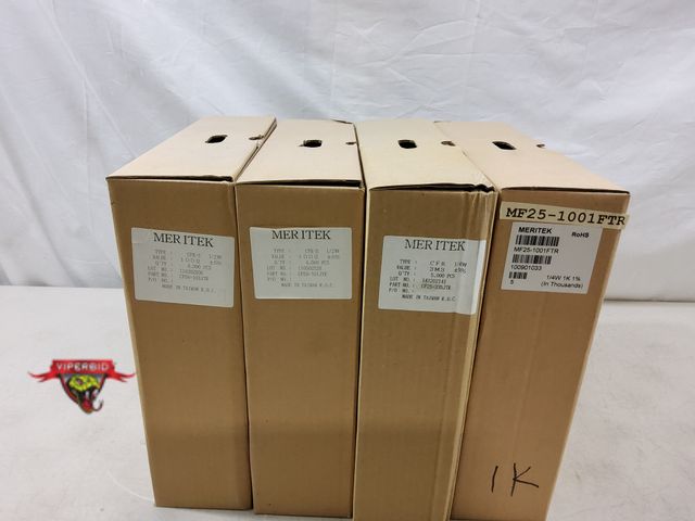 Lot 7-130792 - (2) Spools of 4,000 Meritek resistors (CF50-101JTR) and (2) Spools of 5,000 Meritek resistors (CF25-...