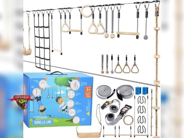 Lot 7-131059 - Retail $169! Hyponix Ninja Obstacle Course for Kids – 2 x 60 ft Slacklines with 13 Weatherproof Obst...