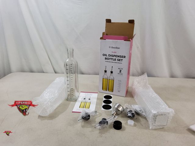 Lot 7-134725 - Box of 2 -  Finedine glass oil dispenser bottle set with stainless steel pour spouts.