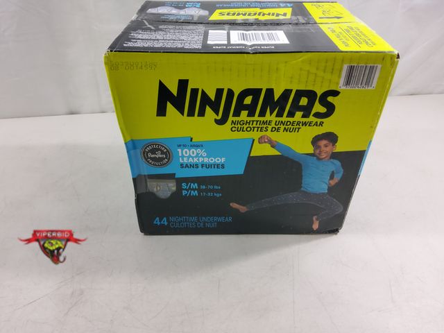 Lot 7-123534 - Box of 44 - Ninjamas nightime boy's disposable underwear. Size: S/M (38-70 lbs).