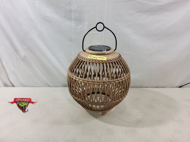 Lot 7-131435 - Threshold Open Weave Battery/Solar LED Medium Outdoor Lantern. USB cord not included. 12 Inches (H) ...