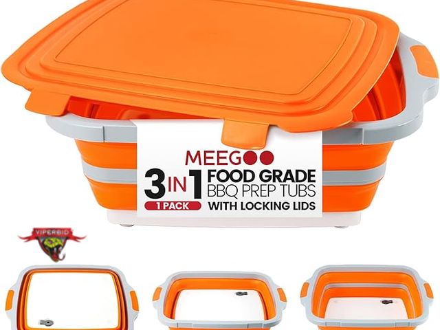 Lot 7-130772 - Meeko BBQ Prep Tub 3-IN-1 Large 16L Collapsible Cutting Board with Locking Lid for Meal Prep Marinat...