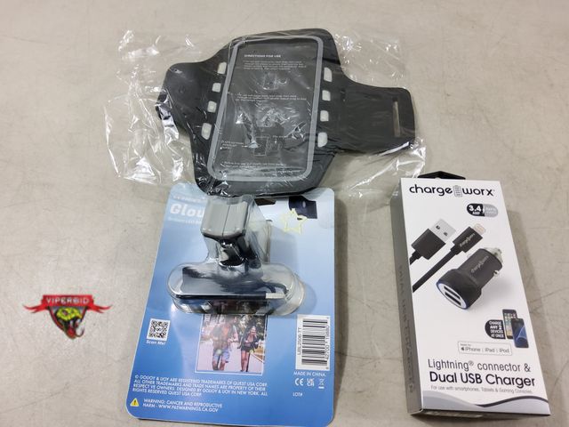 Lot 7-132588 - New! Charge Worx lightning connector &amp; dual USB Charger, Wheelies Glow N Go Bike light and a spo...