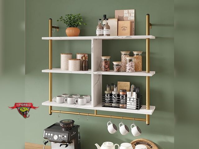 Lot 7-130019 - Bestier 3-Tier Wall Mounted Floating Pipe Shelving with faux marble. Length 41.5'' x Height 37'' x D...