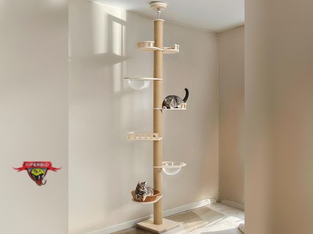 Lot 7-130868 - Veehoo Floor to Ceiling Cat Tree. Height (106-123 Inch) Adjustable. Model CWPJ2423CP.