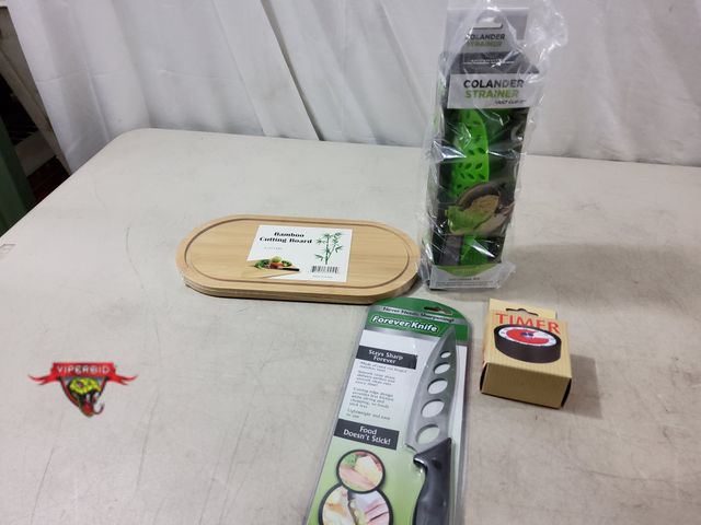 Lot 7-133648 - New! 11" X 5.5" X 0.5" Bamboo cutting board, Forever knife - never needs sharpening, Prepara colande...