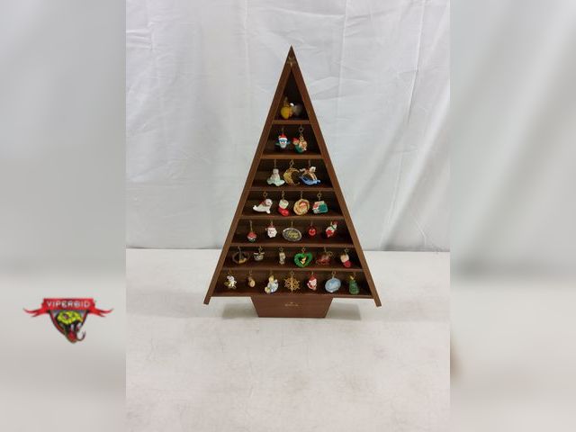 Lot 7-123471 - Hallmark Shadow box wooden memory tree with (28) Miniature ornaments. For wall, mantel or stand alon...