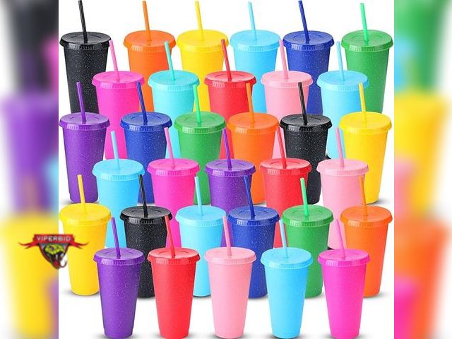 Lot 7-135688 - (36) Potchen Glitter Reusable Platic Tumbler with Straws and Lids. 24 oz.