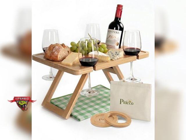 Lot 7-132816 - Piticco Outdoor Wine Picnic Table, Wooden Folding Picnic Table with Glass Holder, Bamboo Wine Glass ...