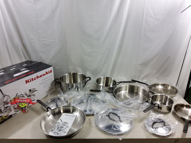 Lot 7-123681 - KitchenAid 11-Piece stainless steel 5-ply clad cookware set. Includes 1.5 qt. &amp; 3 qt. saucepans ...