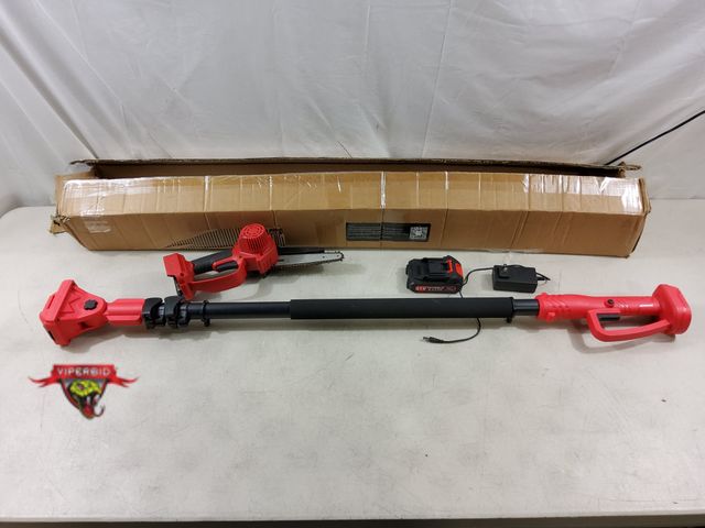 Lot 7-134430 - Cordless 21V battery operated pole chainsaw. Used. Tested to power on - blade moves. Includes 1 batt...
