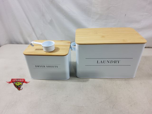 Lot 7-130632 - Metal Laundry (12-1/2" X 7-1/2" X 8"H) and Dryer sheet (8-1/2" X 6-1/8" X 6"H) containers with lids.