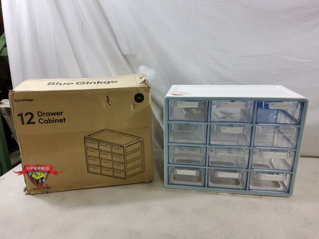 Lot 7-132978 - Blue Ginkgo 12-Drawer Cabinet – Stackable Clear Organizer. 9.25"D x 16.14"W x 12.8"H