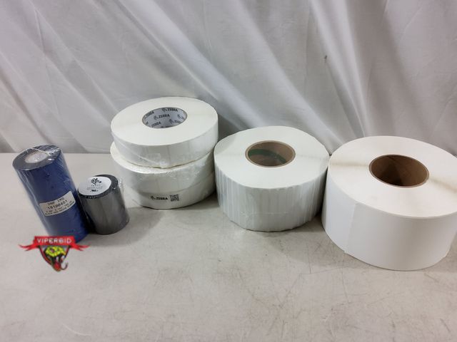 Lot 7-132849 - New! Box of miscellaneous thermal labels / ribbon.