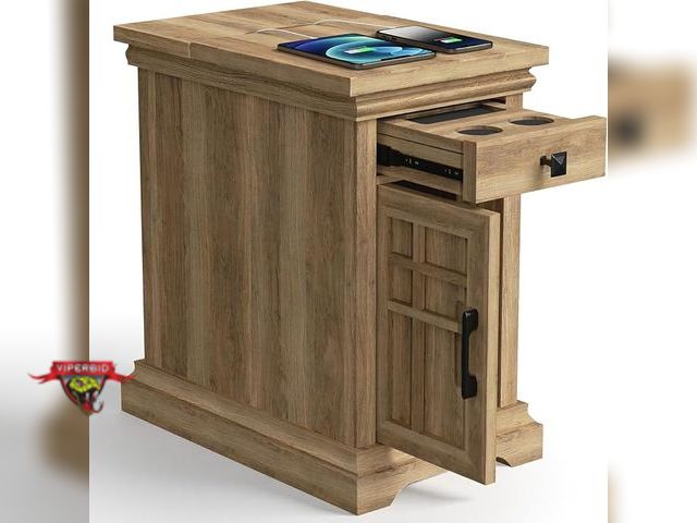 Lot 7-134080 - Acipenser Farmhouse End Table with Charging Station, Rustic Wooden Nightstand with USB Ports and Out...