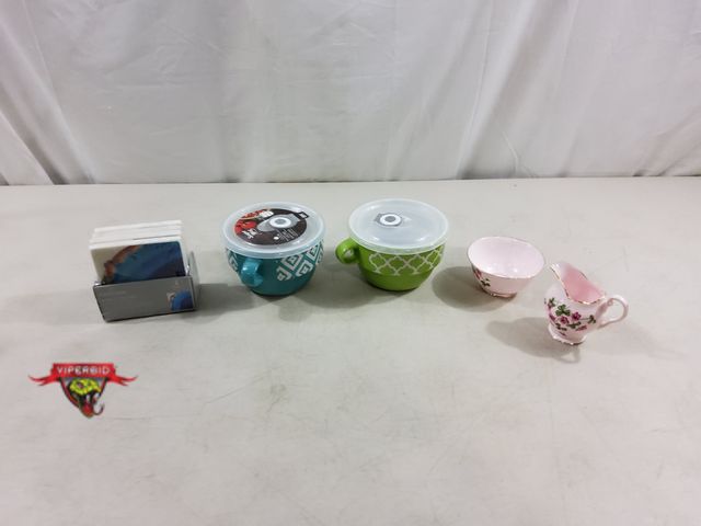 Lot 7-123388 - (2) Souper 22 ox. mugs, 4-Pack Crofton marble coasters and a Tuscan fine english bone china "wood so...