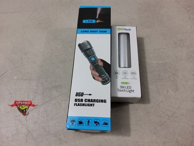 Lot 7-132544 - New! Long Shot 300M USB Charging flashlight and GGTech 3W led torch light.