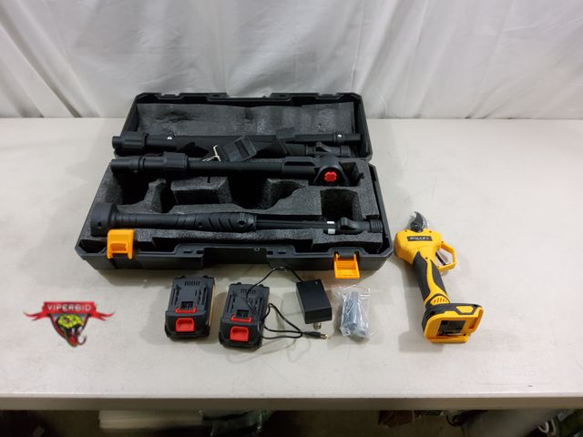 Lot 7-123355 - Electric pruning shears with telescoping pole. Includes (2) 21V batteries and charger. Tested - powe...
