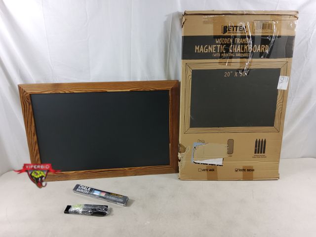 Lot 7-135822 - Wooden framed magnetic chalkbaord with mounting hardware. 20" X 30".  Small chip on frame.