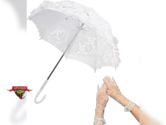 Lot 7-130263 - New! Hamibus Mini White Lace Parasol Umbrella with gloves. 17" Tall. 18" Dia.