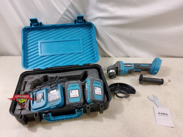 Lot 7-133100 - No cutting wheels included. Axida cordless 21V 4.0Ah angle grinder with (2) Batteries and case as sh...