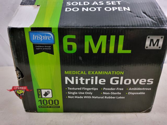 Lot 7-133798 - New! Box of 1,000 - Inspire 6 mil Nitrile gloves. Black. Size: M. Powder free, disposable.