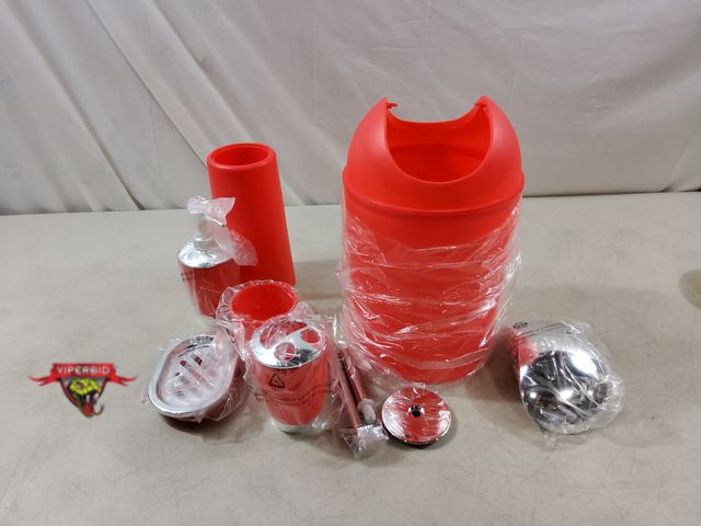 Lot 7-132994 - Bathroom Set. Includes: Trash Can, Toilet Brush, Hand Soap Dispenser, Tooth Brush Holder, and Cup.