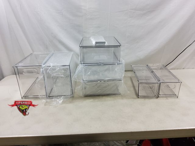 Lot 7-130483 - New! 7-Piece plastic bins with slide out drawer and dividers. Includes (2) 13-1.2" X 6-3/4" X 8-3/4"...