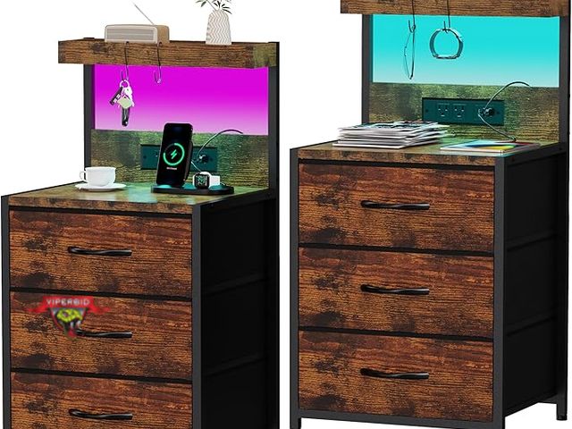 Lot 7-130381 - Set of 2 - SZLHANJZ Nightstands / End Tables with LED Light and Charging Station Type C, 3 Drawers S...