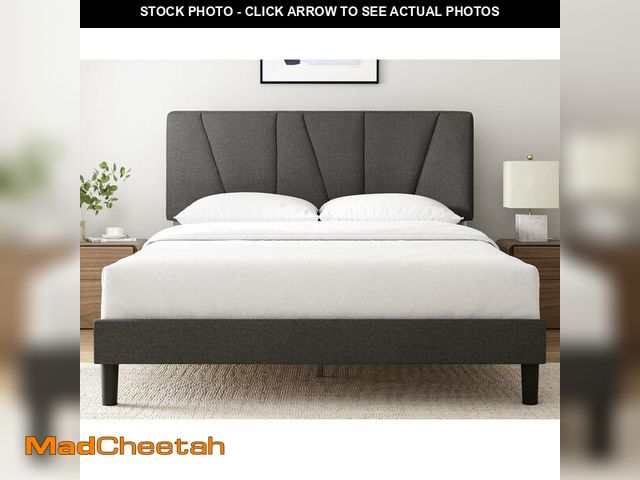 Lot 74-13075494 - Zinus Queen Maya Upholstered Bed Frame with Asymmetric Headboard, Durable Wooden Slats, Sturdy Frame...