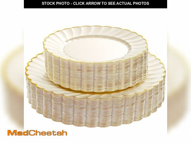 Lot 74-14215614 - YOUBET 60PCS Ivory Scalloped Plastic Plates - Hard Craem and Gold Fancy Disposable Plates include 30...