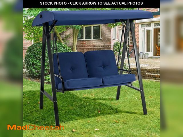 Lot 74-13774473 - (MISSING HARDWARE) AECOJOY 2 Persons Outdoor Patio Canopy Steel Porch Swing Chair-Dark Blue - USED