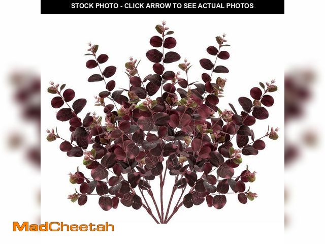 Lot 74-12603219 - GnFlus 5 Pcs Burgundy Artificial Eucalyptus Stems 34.6" Fake Silk Plants for Floral Arrangements, Fa...