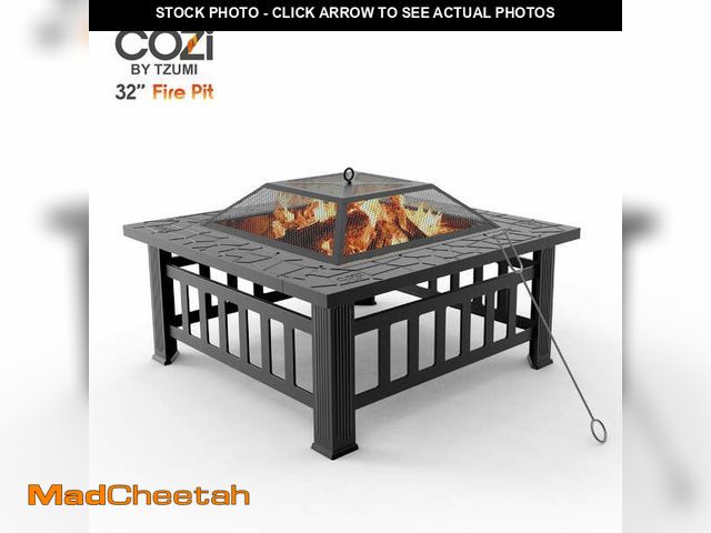 Lot 74-12889074 - Cozi by Tzumi Outdoor Square Fire Pit Table with BBQ Grill for Camping and Outdoor Decor, 32â - UN...