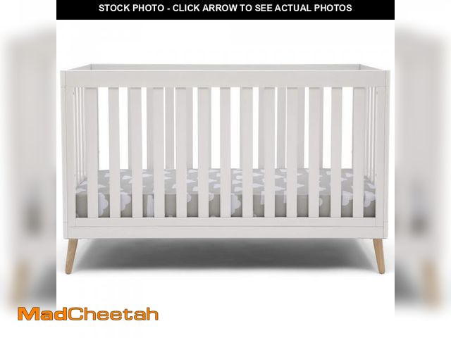 Lot 74-12164923 - Delta Children Essex 4-in-1 Convertible Baby Crib, Bianca White with Natural Legs - UNUSED