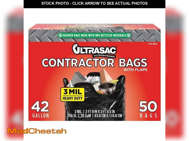 Lot 74-12517583 - Ultrasac 42-Gallon Heavy Duty Contractor Bag with Flaps (50-Count) - UNUSED