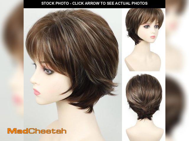 Lot 74-12129361 - SEVENCOLORS Short Brown Wigs for White Women Pixie Cut Wigs with Blonde Highlights Natural Looking S...