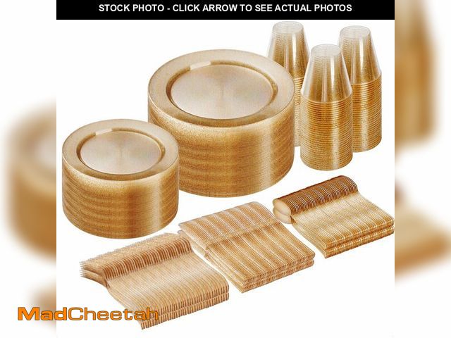 Lot 74-14209175 - Goodluck 300 Piece Gold Glitter Disposable Plates for 50 Guests, Plastic Plates for Party, Wedding, ...