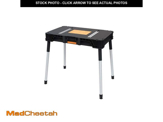 Lot 74-13821193 - RIDGID 22 in. W x 34.6 in. D Portable Work Table with Plastic Top and Wood Router Plate - UNUSED