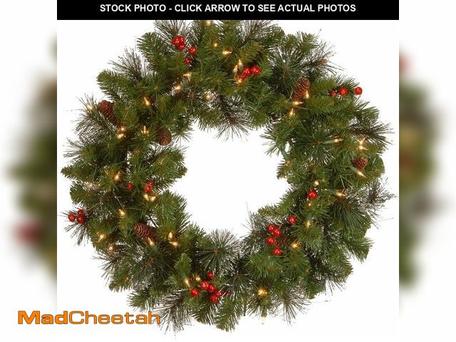 Lot 74-13382449 - National Tree Company 24 in Pre-Lit Crestwood Spruce Artificial Christmas Wreath, Christmas Decorati...