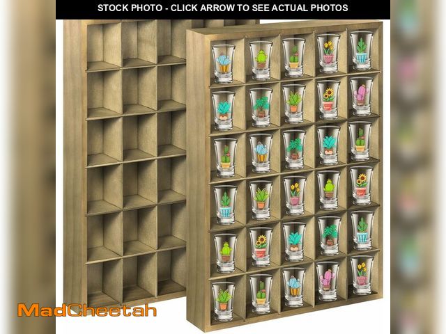 Lot 74-12632750 - 2 Pcs Shot Glass Display Case, Vintage Green Wooden Shot Glass Shelf with Removable Shelves, Wall Mo...