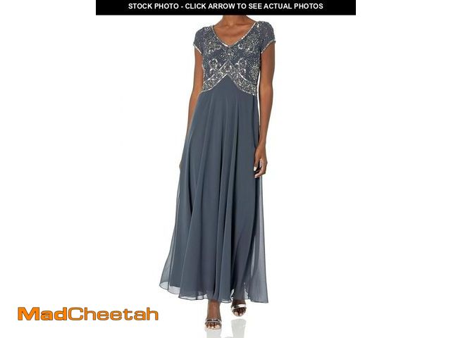 Lot 74-12398000 - J Kara Women's Illusion V Neck Cap Sleeve Empire Waist Beaded Long Gown, Grey Multi, 4 - UNUSED