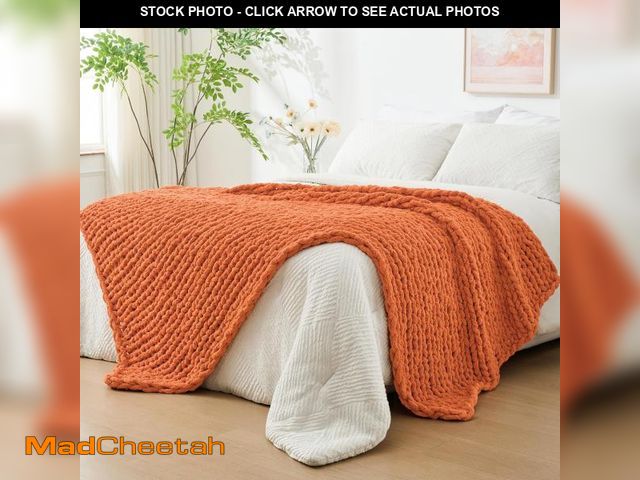 Lot 74-12304150 - Bigacogo Chunky Knit Throw Blanket for Couch, 51x63 inches, 100% Hand Knitted with Thick Jumbo Cheni...