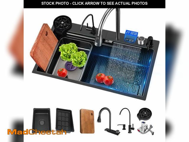 Lot 74-12579395 - Waterfall Kitchen Sink, 31.5" Single Bowl Drop In Kitchen Sink with Pull-Out Faucet, Thickened Stain...