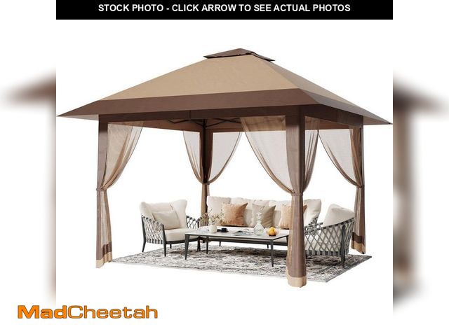 Lot 74-14613874 - OUTGOODS 13 ft. x 13 ft. Khaki Steel Metal Hardtop Pop Up Outdoor Gazebo with Mosquito Netting for B...