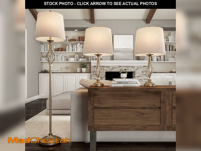 Lot 74-12695697 - (MISSING PIECES) Lavish Home Table and Floor Lamps - Set of 3 Matching Curved Openwork Steel Lightin...